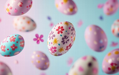 Subtly decorated eggs with floral patterns floating on a soft lavender background