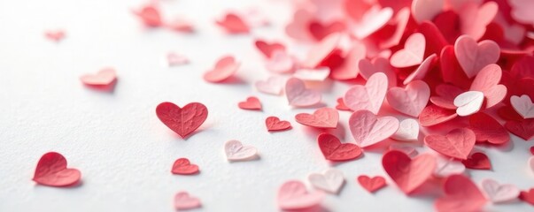 Red heart confetti on pristine white, delicate texture, romance, confetti