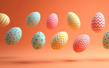 Fototapeta premium Vibrant Easter eggs in polka-dot and zigzag patterns floating on a vivid orange-to-pink gradient background
