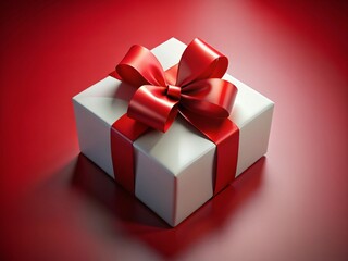 Obraz premium Minimalist Red Bow Gift Box: Elegant Red & White 3D Render for Holiday, Birthday, or Anniversary