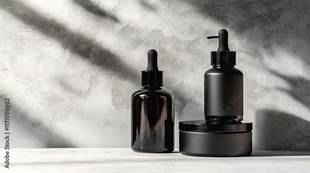 Poster two elegant dropper bottles and a circular container on a textured surface.