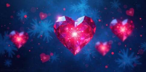Deep blue backdrop; multifaceted hearts radiate light , graphic, facets