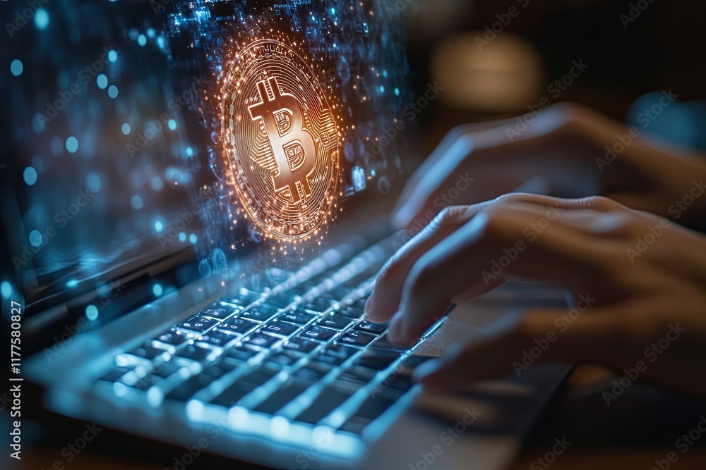 Poster detailed shot of hands typing on keyboard with glowing bitcoin logo projection symbolizing digital t
