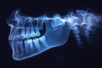 Clear X-ray of a human skull and spine showcasing dental structure