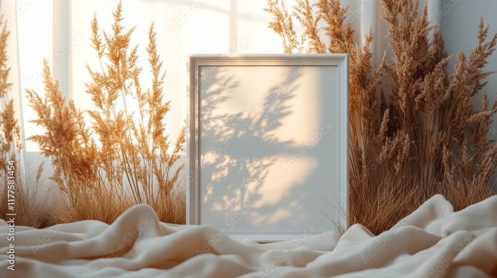 Poster a blank white frame surrounded by pampas grass and soft fabric with natural sunlight creating shadow