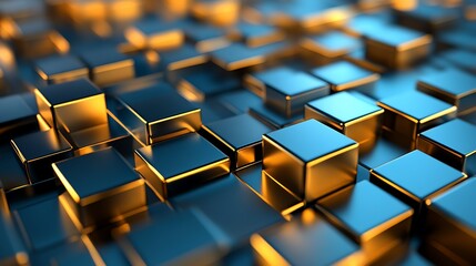 Fototapeta premium Golden and blue cubes abstract background, 3D render, technology concept.