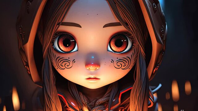 Horizontal chibi art. 3d rendering of a little girl in a red hood with a candle