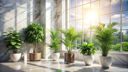 Fototapeta premium Vibrant Indoor Plants on White Marble Surface with Sunlit Elegance and Modern Natural Decor Inspiration 