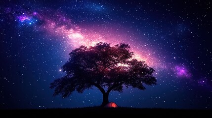 Silhouette tree, tent, night sky, milky way.