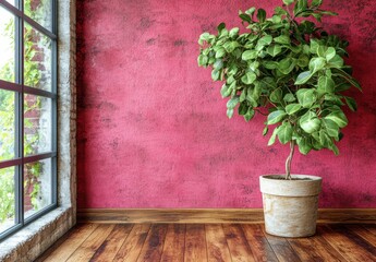 A large plant in the corner of an empty room with pink walls and purple shadows,