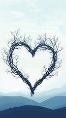 Bare Branches Forming Heart Shape Over Mountains