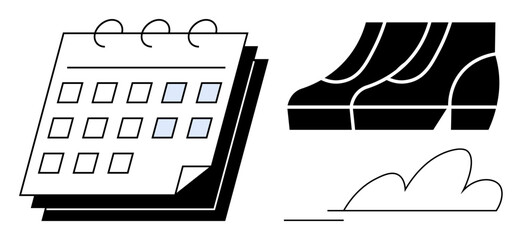 Calendar with highlighted days, footsteps, and cloud. Ideal for planning, scheduling, time management, travel, journey environmental awareness sustainable living. Abstract line flat metaphor
