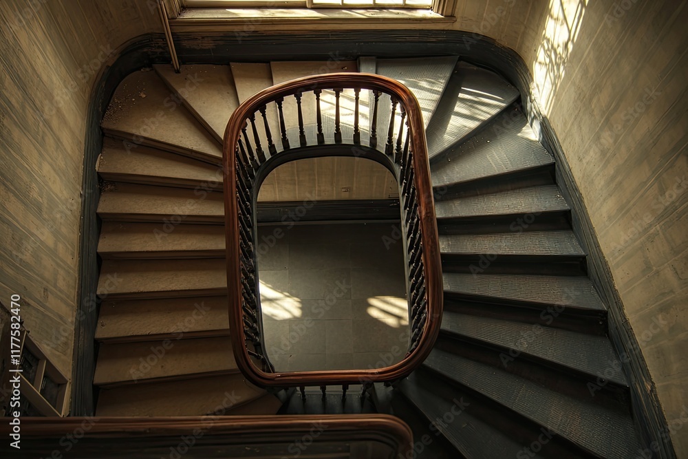 Poster dramatic perspective of spiral staircase viewed from above with contrasting light and shadow creatin