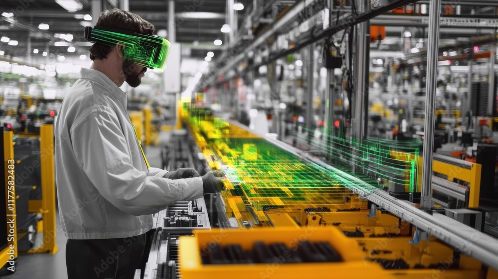 Poster engineer wearing an augmented reality headset interacts with holographic schematics and data, optimi