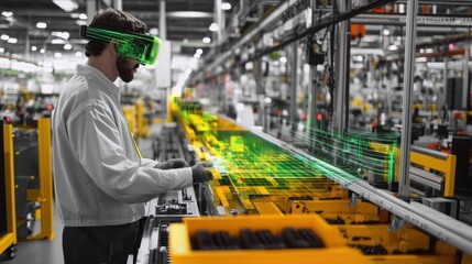 Fototapeta premium Engineer wearing an augmented reality headset interacts with holographic schematics and data, optimizing manufacturing processes on an assembly line in a modern factory