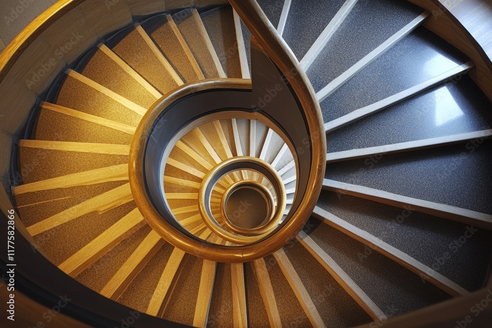 Poster dramatic perspective of spiral staircase viewed from above with contrasting light and shadow creatin