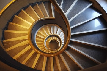 Fototapeta premium dramatic perspective of spiral staircase viewed from above with contrasting light and shadow creating depth