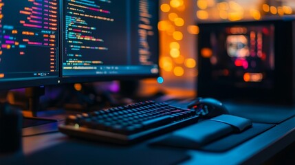 A modern workspace featuring coding screens, a keyboard, and ambient lighting.
