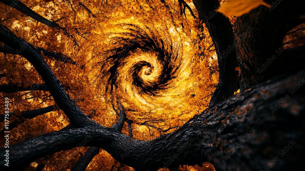 Poster autumnal swirl: a mesmerizing view looking up into a canopy of fiery orange and yellow leaves, creat