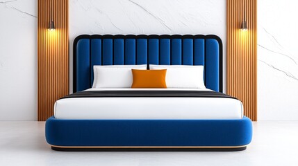 Modern Stylish Bedroom with Blue Bed Against Marble Wall Design