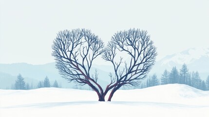 Fototapeta premium Two bare trees form a heart shape in a snowy landscape