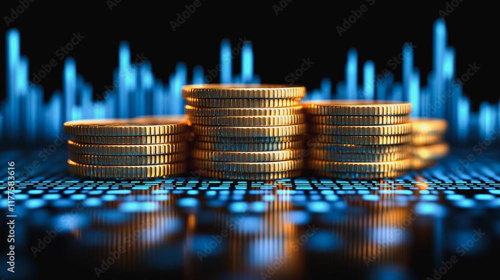 Aufkleber golden stacks of success: stacks of gold coins gleam against a backdrop of dynamic blue data streams