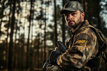 Obraz premium dramatic portrait of paintball player in full gear holding paintball marker with forest battlefield blurred in background