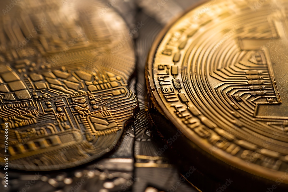 Poster conceptual image of a digital coin merging with traditional currency, symbolizing the integration of