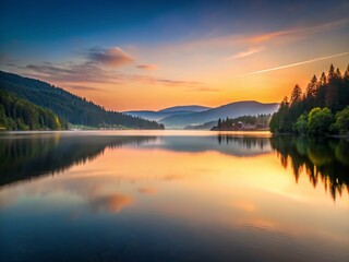 Naklejka premium Minimalist Titisee Lake, Black Forest Germany: Serene Sunrise Reflection