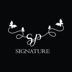 SP Handwritten initial letter, SP simple signature vector logo with butterfly shape variation, beauty, photography letter logo design. S P