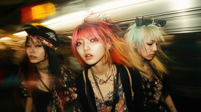Vibrant gyaru pop punk group captured in dynamic Shibuya station shoot