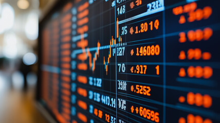 Fototapeta premium Financial Market Data Display: A close-up shot of a digital screen displaying financial data, highlighting the dynamic nature of the market and the constant flow of information.