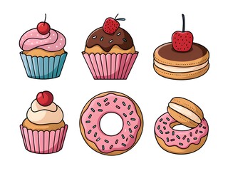 Colorful Array of Cupcakes, Macarons, and Donuts.