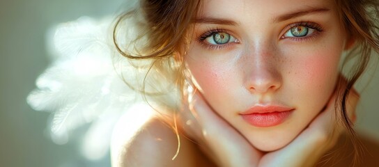 Fototapeta premium Close-up portrait of a young woman with beautiful eyes and flawless skin, hands gently touching her face.