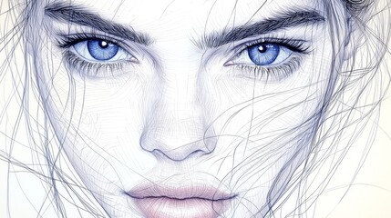 Obraz premium Close-up portrait of a woman with intense blue eyes and windblown hair, rendered in a delicate, pencil-like style.