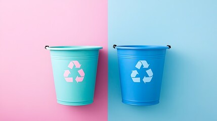 Eco friendly bucket with recycled materials on pink and blue background