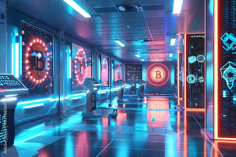 Poster conceptual image of a futuristic bank where all transactions are conducted with cryptocurrencies