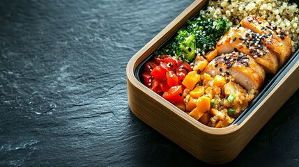A vibrant bento box with quinoa and chicken, partially visible on the right, leaving space for text. 