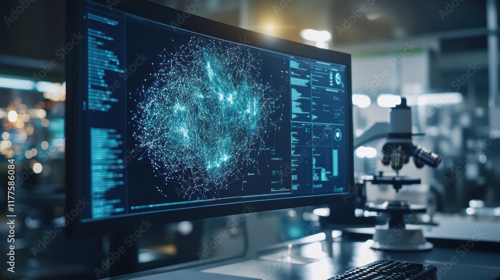Poster in a modern laboratory, a computer displays a futuristic interface with network data processing and 