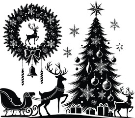 Black santa claus reindeer Christmas tree wall decal season elements