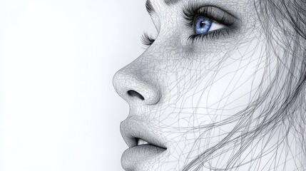 Fototapeta premium Close-up profile of a woman's face, rendered in a stylized line art style, with a focus on her striking blue eye.