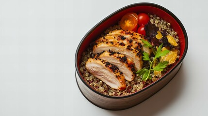 A vibrant bento box with quinoa and chicken, partially visible on the right, leaving space for text. 