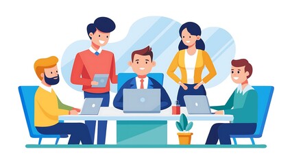 A corporate team and manager working together in flat illustration on white background