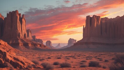 dramatic desert landscape with jagged cliffs and vibrant sunset hues