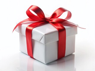 Fototapeta premium Minimalist White Gift Box with Red Ribbon on White Background - Stock Photo