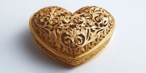 A gold-plated heart-shaped jewelry box with intricate detailing displayed on white
