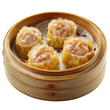 Shumai in bamboo steamer, siu mai, dim sum, Chinese food, isolated on white transparent background, menu photography, food photography