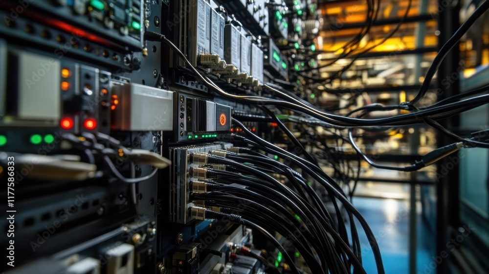 Poster close up of network server rack with ethernet cables and flashing lights indicating data transfer an