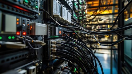 Close up of network server rack with ethernet cables and flashing lights indicating data transfer and processing in modern data center, highlighting complex infrastructure and technology