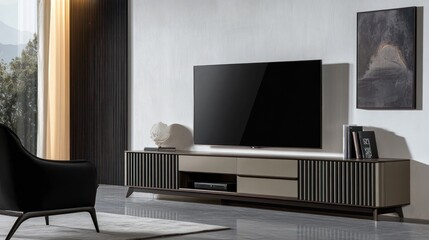 Naklejka premium Modern TV stand in luxury living room, mountains view